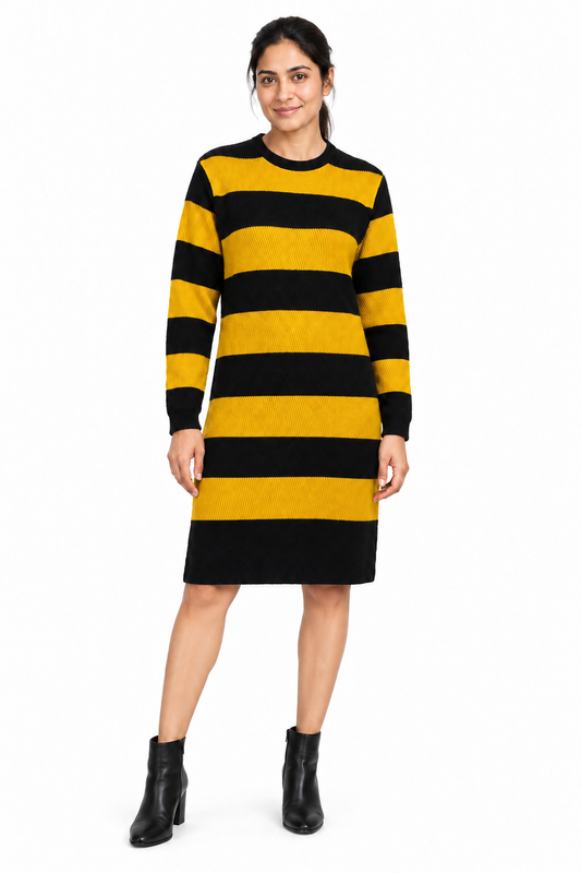 Cross-Knit Brushed Striped Midi Dress